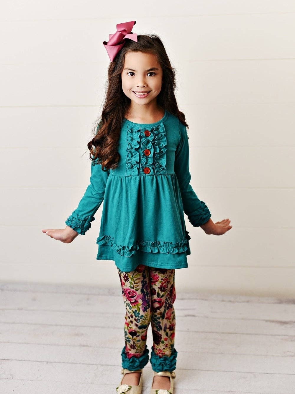 Teal Ruffle Tunic Top with Button Detail Kids Floral Ruffle Button Fall